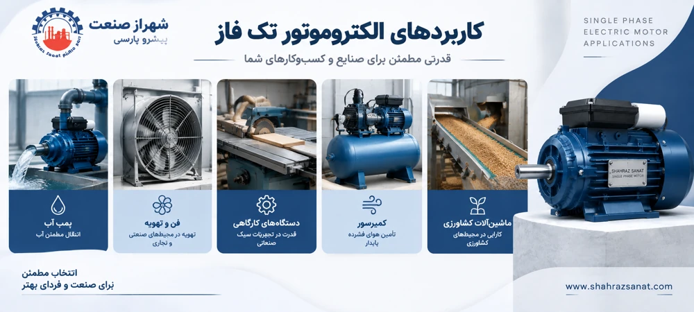 کاربردهای الکتروموتور تک فاز صنعتی